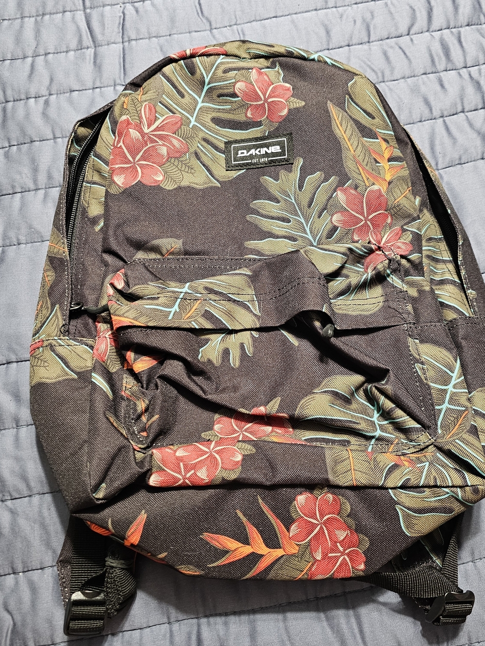 Dakine Floral Print Backpack in Black with Red and Green Accents